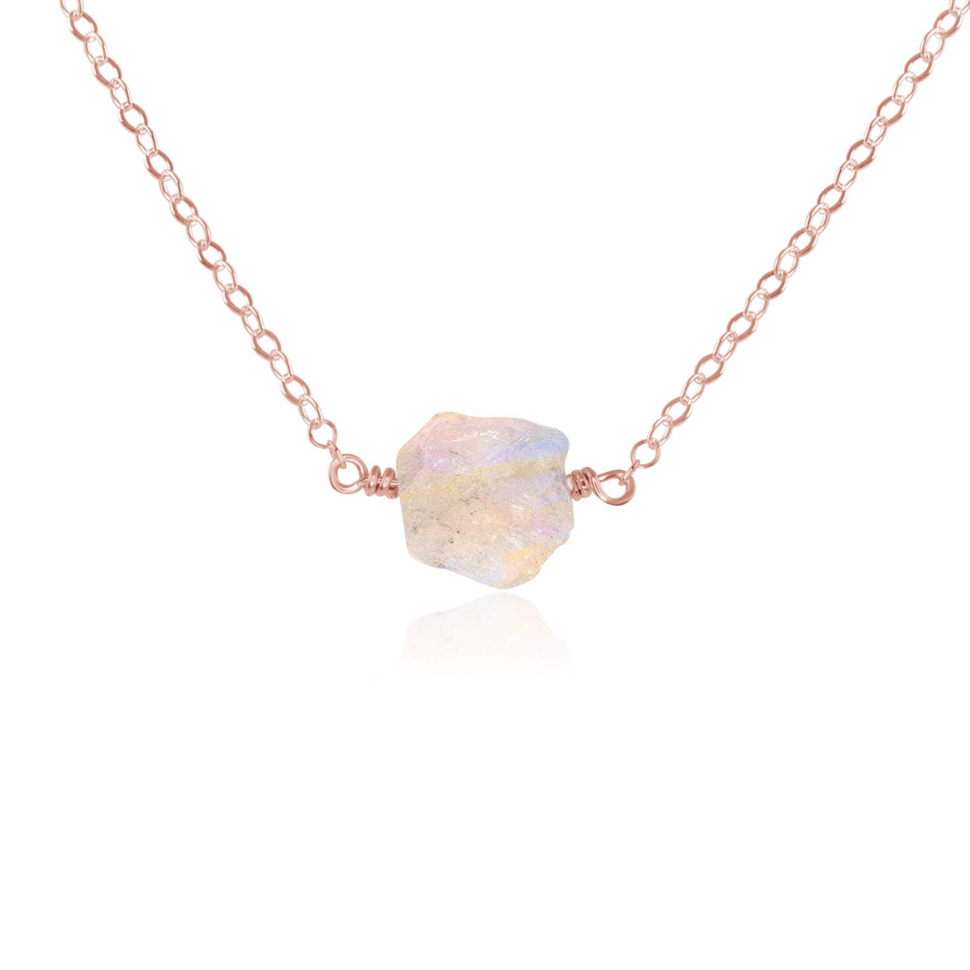 Tiny Raw Rainbow Moonstone Crystal Nugget Necklace - Tiny Raw Rainbow Moonstone Crystal Nugget Necklace - 14k Rose Gold Fill - Luna Tide Handmade Crystal Jewellery