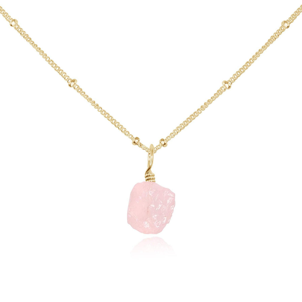 Tiny Raw Rose Quartz Pendant Necklace - Tiny Raw Rose Quartz Pendant Necklace - 14k Gold Fill / Satellite - Luna Tide Handmade Crystal Jewellery