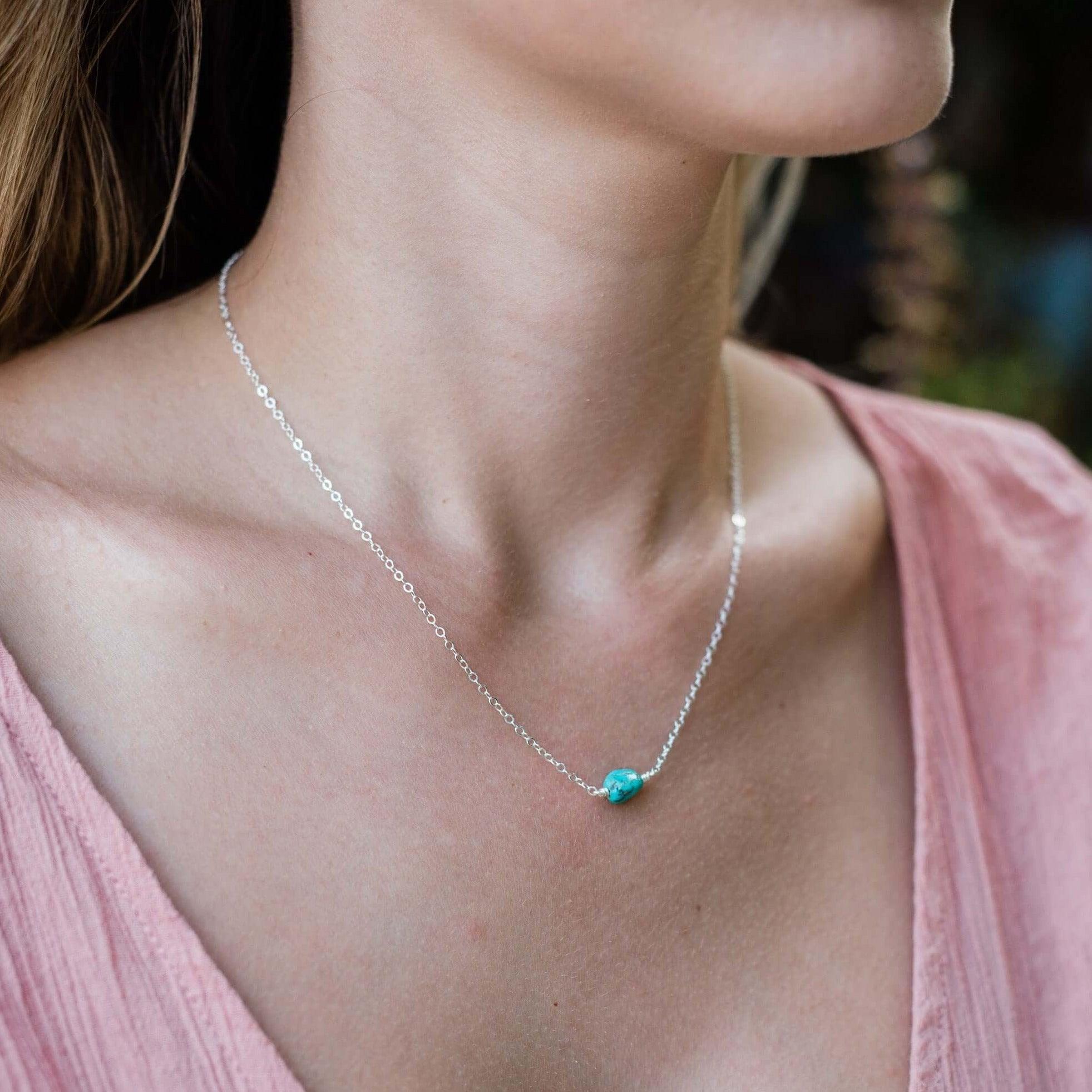 Tiny Raw Turquoise Crystal Nugget Necklace - Tiny Raw Turquoise Crystal Nugget Necklace - Sterling Silver - Luna Tide Handmade Crystal Jewellery