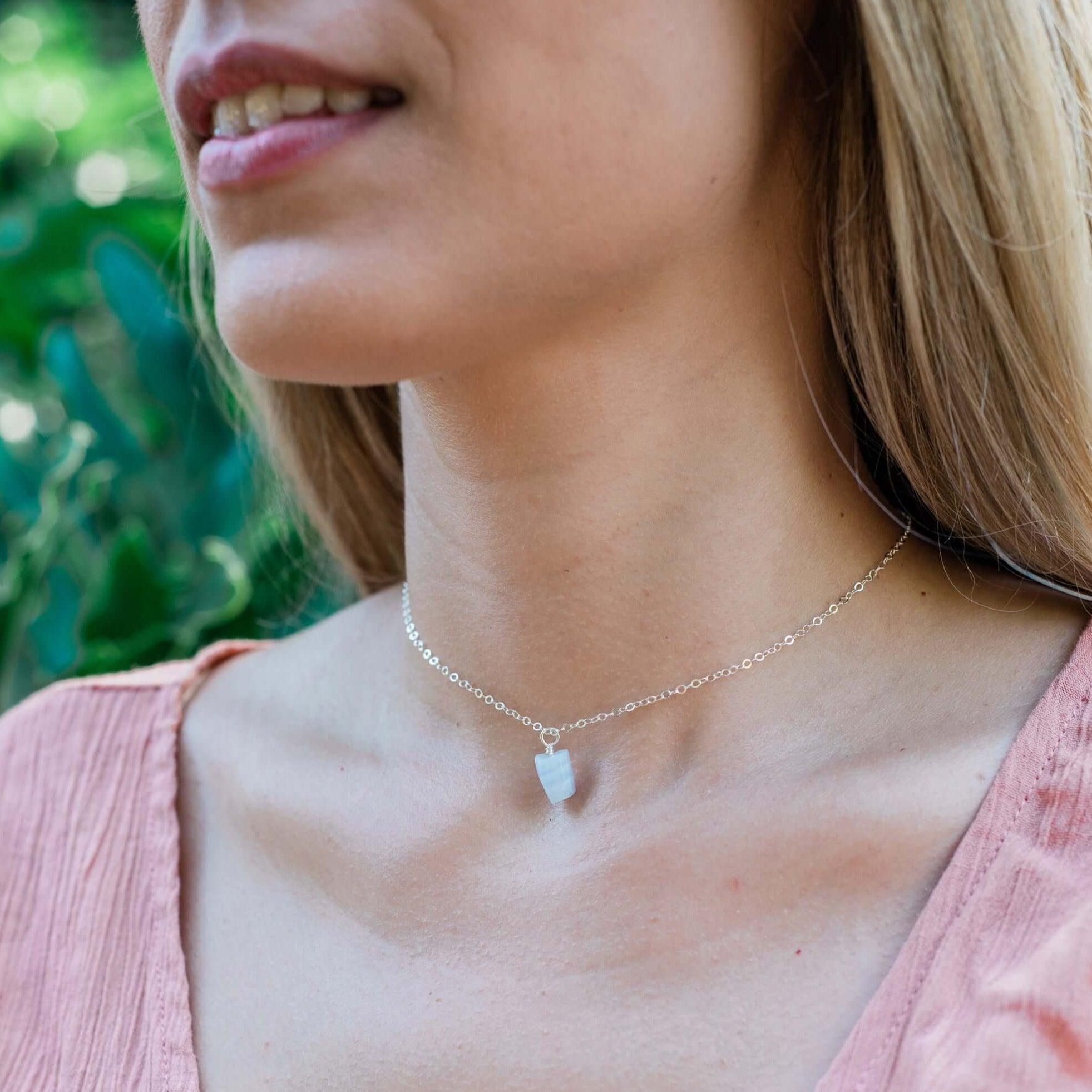 Tiny Rough Blue Lace Agate Gemstone Pendant Choker - Tiny Rough Blue Lace Agate Gemstone Pendant Choker - 14k Gold Fill / Cable - Luna Tide Handmade Crystal Jewellery