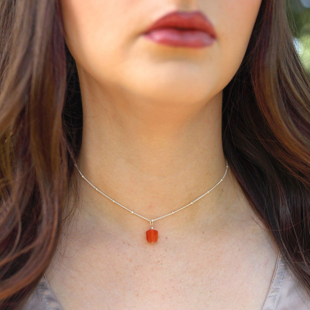 Tiny Rough Carnelian Gemstone Pendant Choker - Tiny Rough Carnelian Gemstone Pendant Choker - Sterling Silver / Cable - Luna Tide Handmade Crystal Jewellery