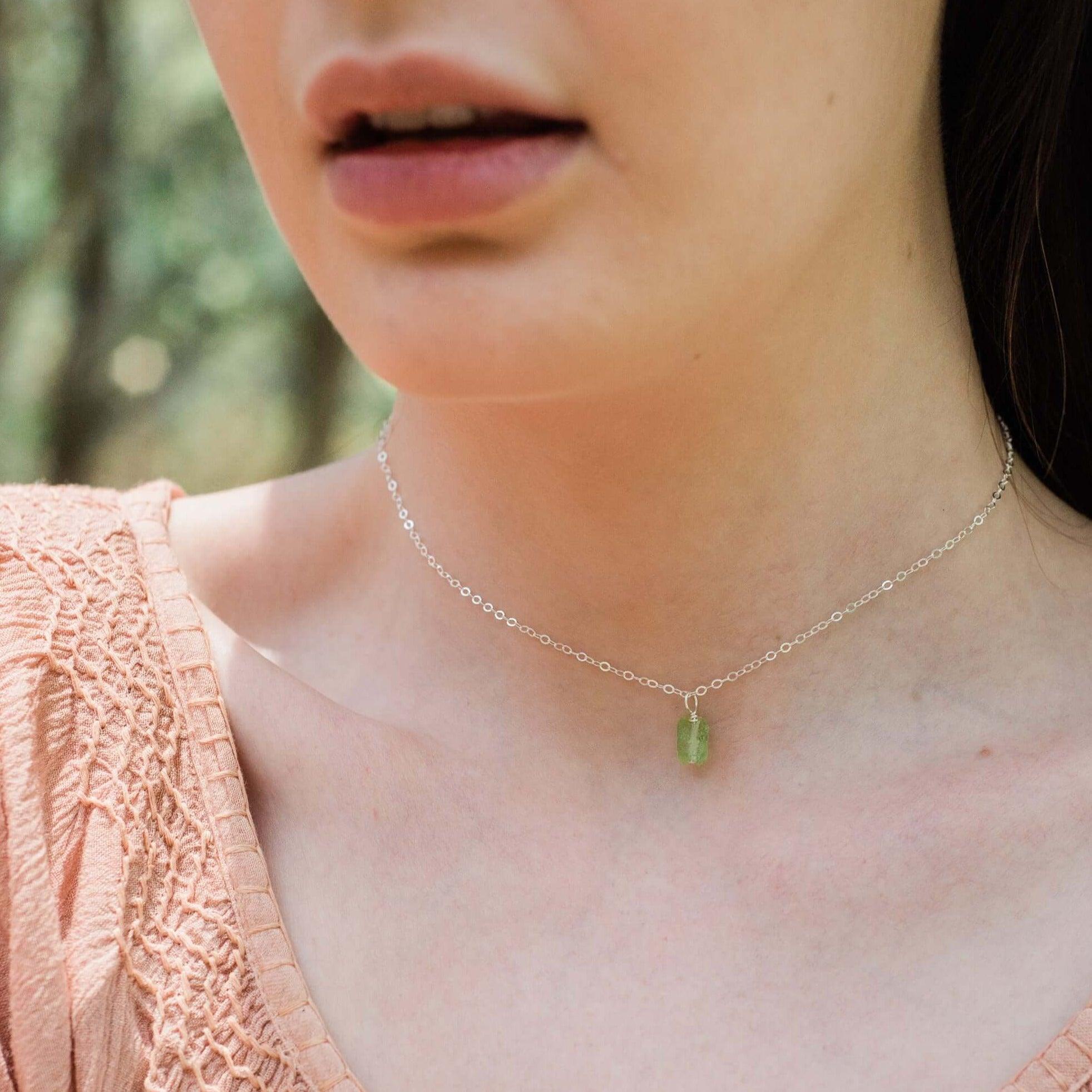 Tiny Rough Peridot Gemstone Pendant Choker - Tiny Rough Peridot Gemstone Pendant Choker - 14k Gold Fill / Cable - Luna Tide Handmade Crystal Jewellery