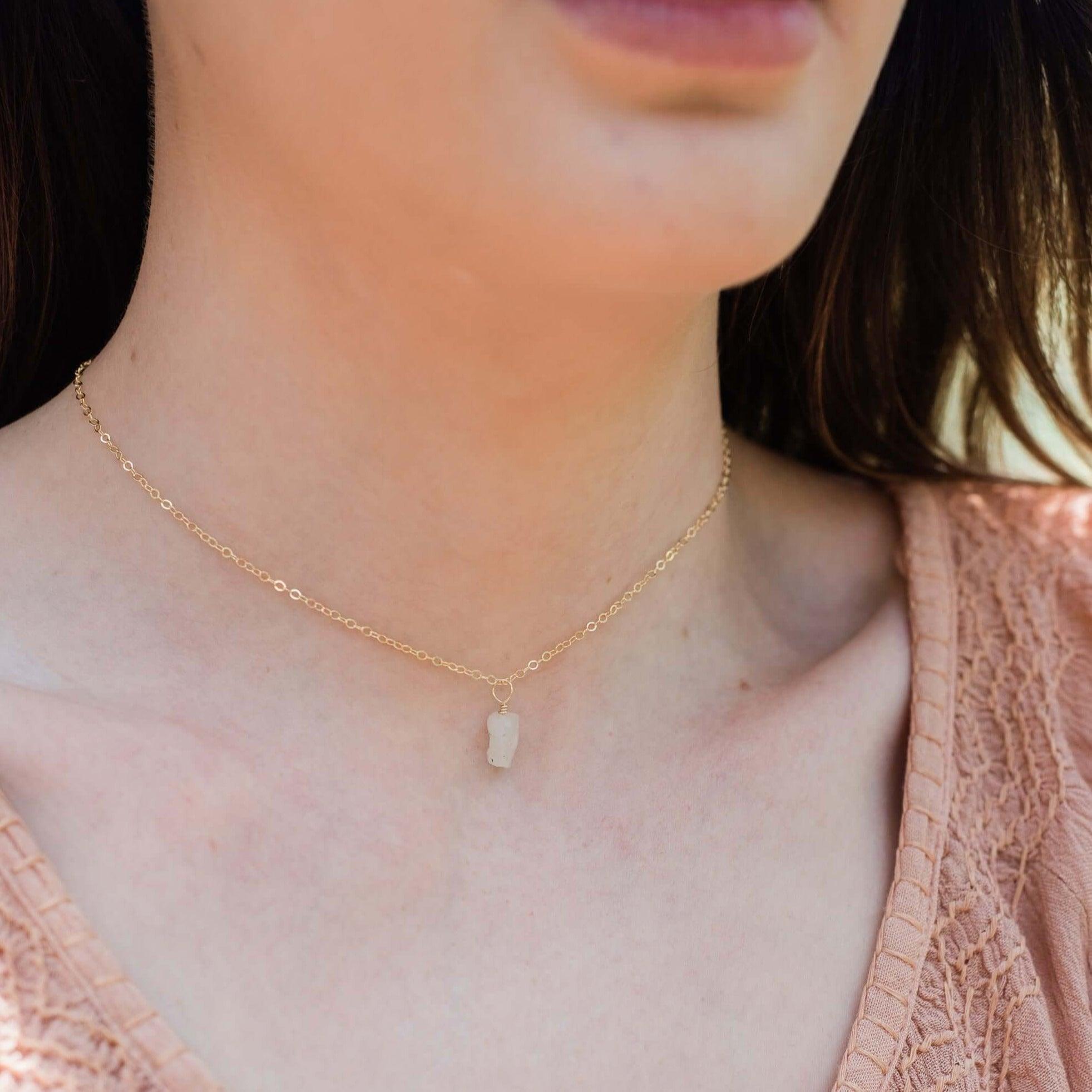 Tiny Rough Rainbow Moonstone Gemstone Pendant Choker - Tiny Rough Rainbow Moonstone Gemstone Pendant Choker - Sterling Silver / Cable - Luna Tide Handmade Crystal Jewellery