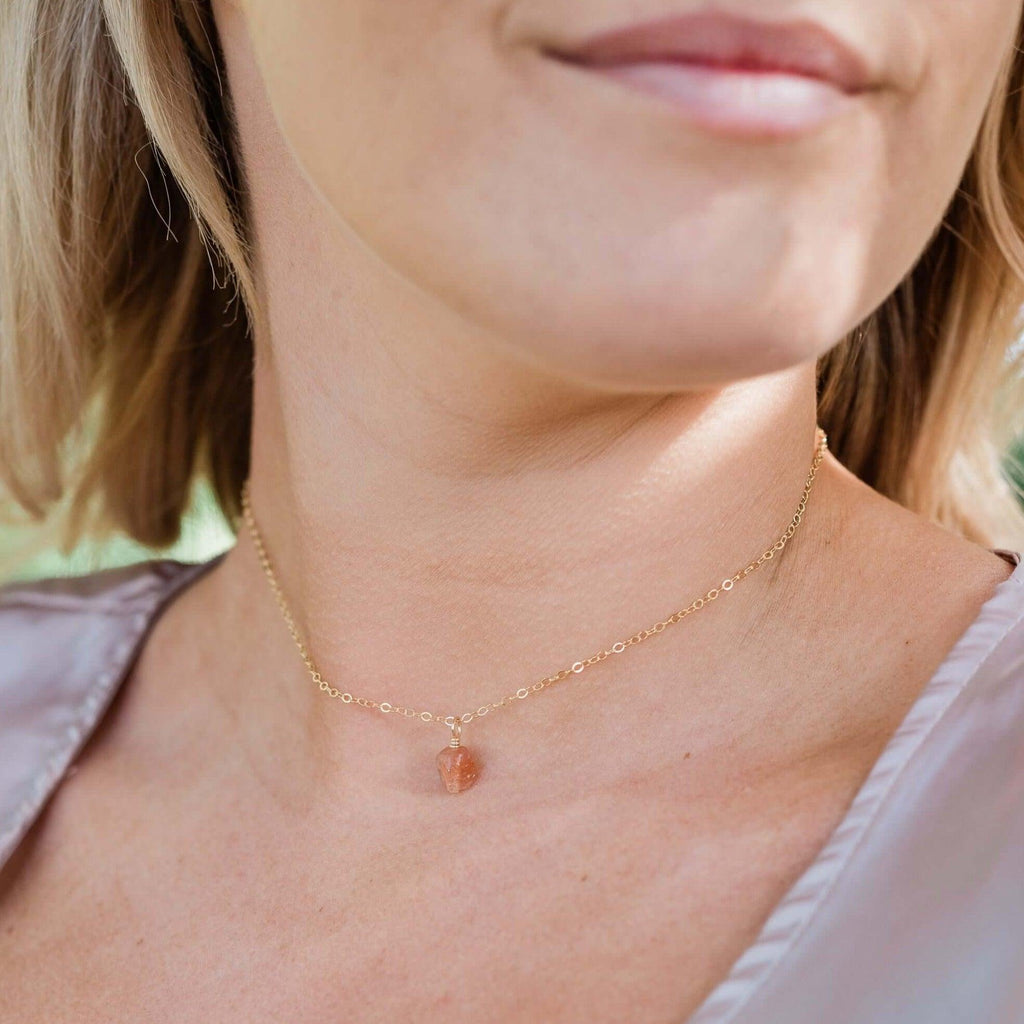 Tiny Rough Sunstone Gemstone Pendant Choker - Tiny Rough Sunstone Gemstone Pendant Choker - 14k Gold Fill / Cable - Luna Tide Handmade Crystal Jewellery