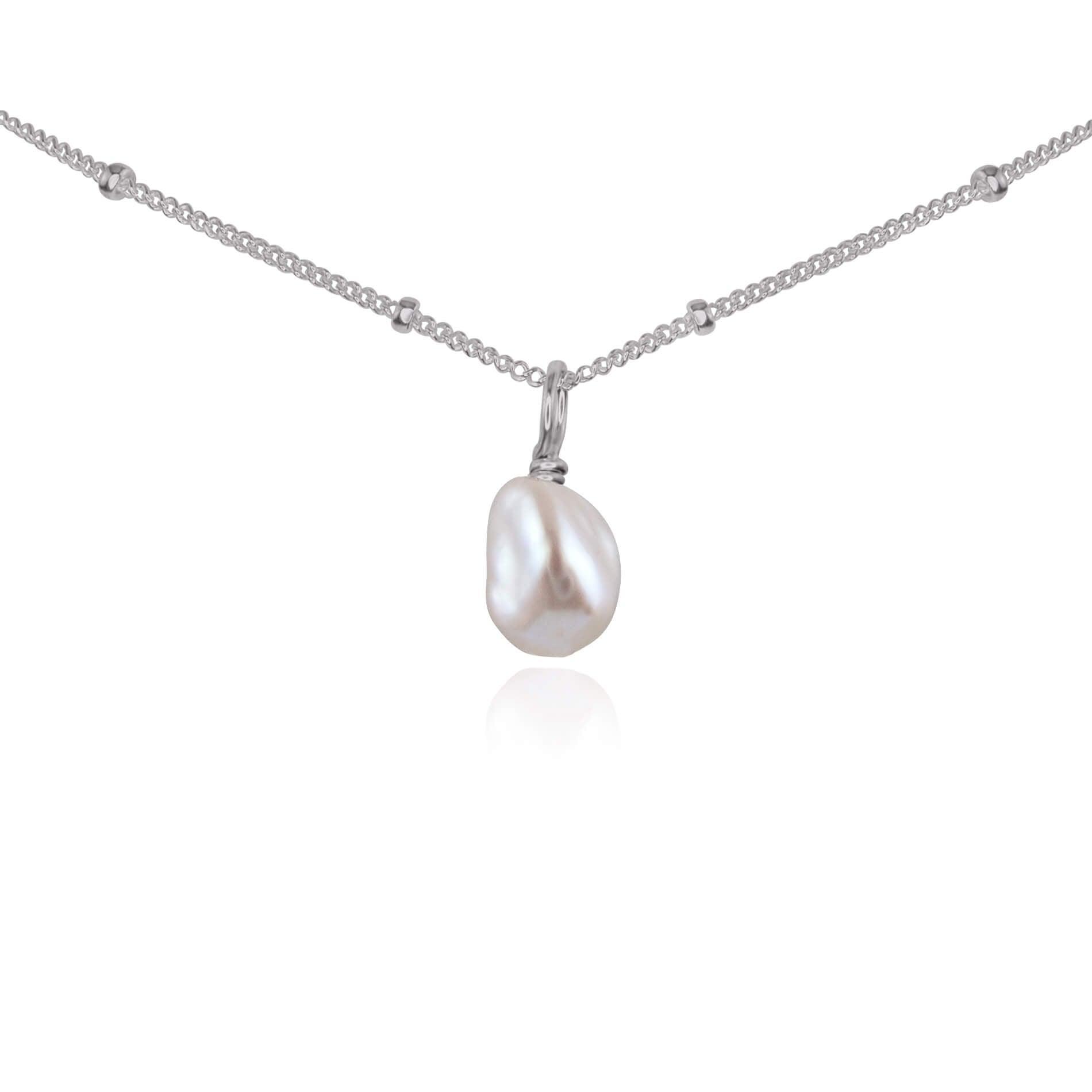 Tiny Rough White Freshwater Pearl Gemstone Pendant Choker - Tiny Rough White Freshwater Pearl Gemstone Pendant Choker - Stainless Steel / Satellite - Luna Tide Handmade Crystal Jewellery