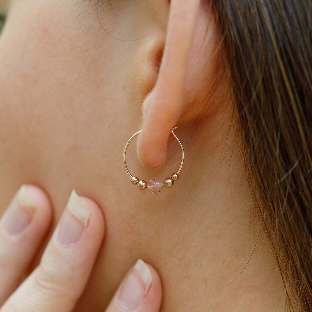 Tiny Sunstone Gemstone Bead Hoop Earrings - Tiny Sunstone Gemstone Bead Hoop Earrings - 14k Gold Fill - Luna Tide Handmade Crystal Jewellery