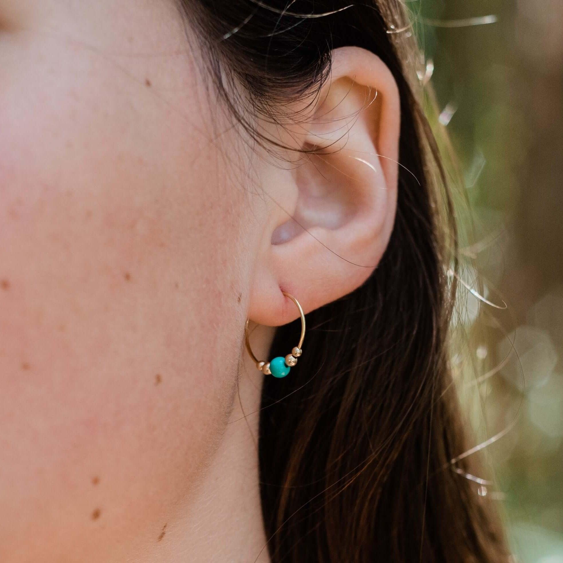 Tiny Turquoise Bead Hoop Earrings - Tiny Turquoise Bead Hoop Earrings - 14k Gold Fill - Luna Tide Handmade Crystal Jewellery