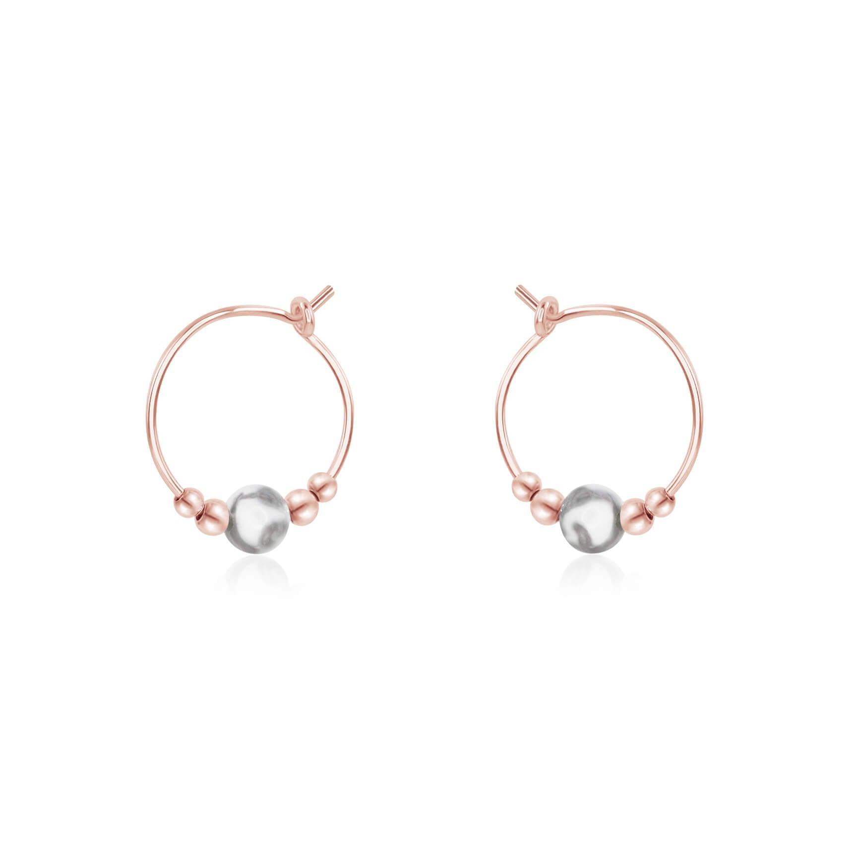 Tiny White Howlite Bead Hoop Earrings - Tiny White Howlite Bead Hoop Earrings - 14k Rose Gold Fill - Luna Tide Handmade Crystal Jewellery