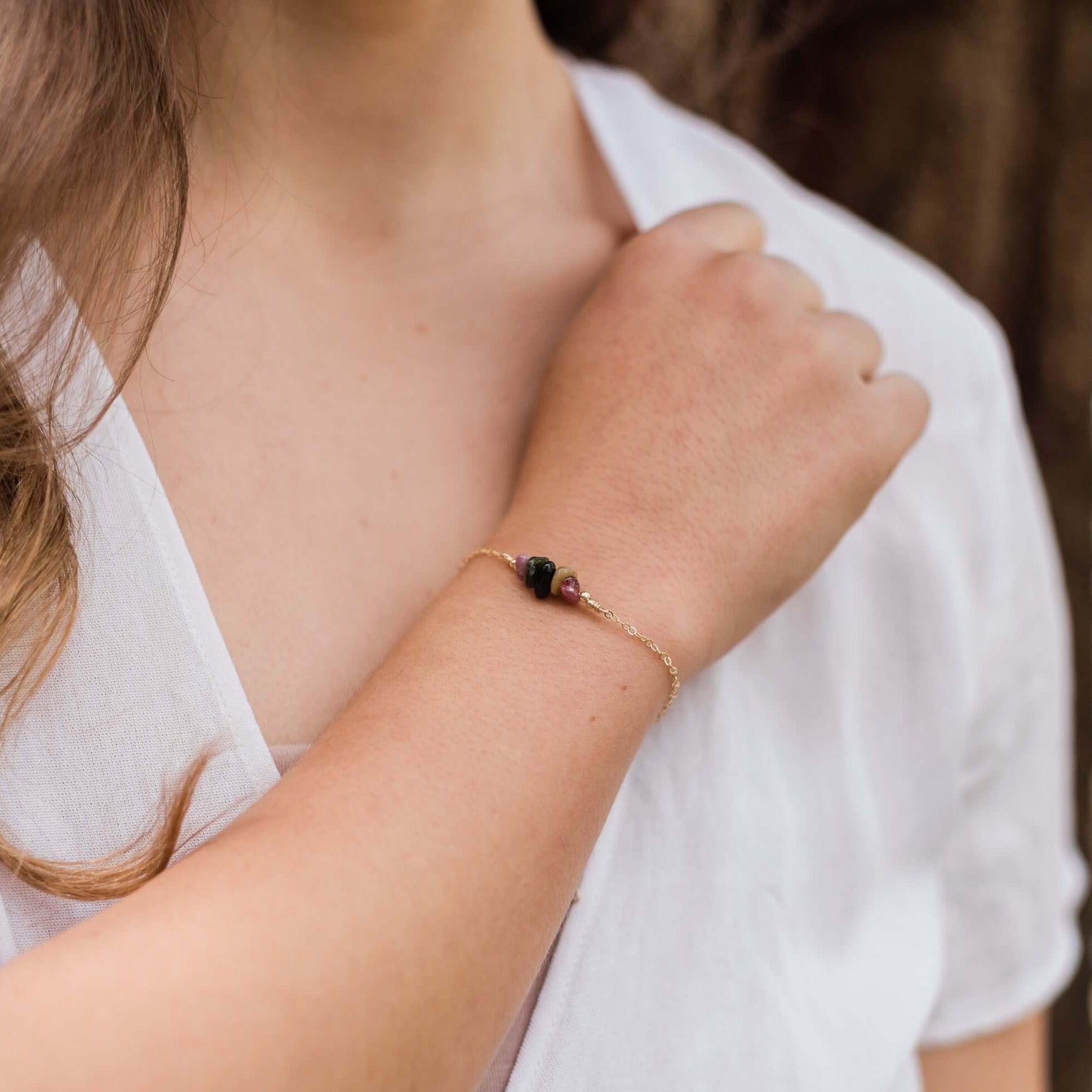 Tourmaline Chip Bead Bar Bracelet - Tourmaline Chip Bead Bar Bracelet - 14k Gold Fill - Luna Tide Handmade Crystal Jewellery