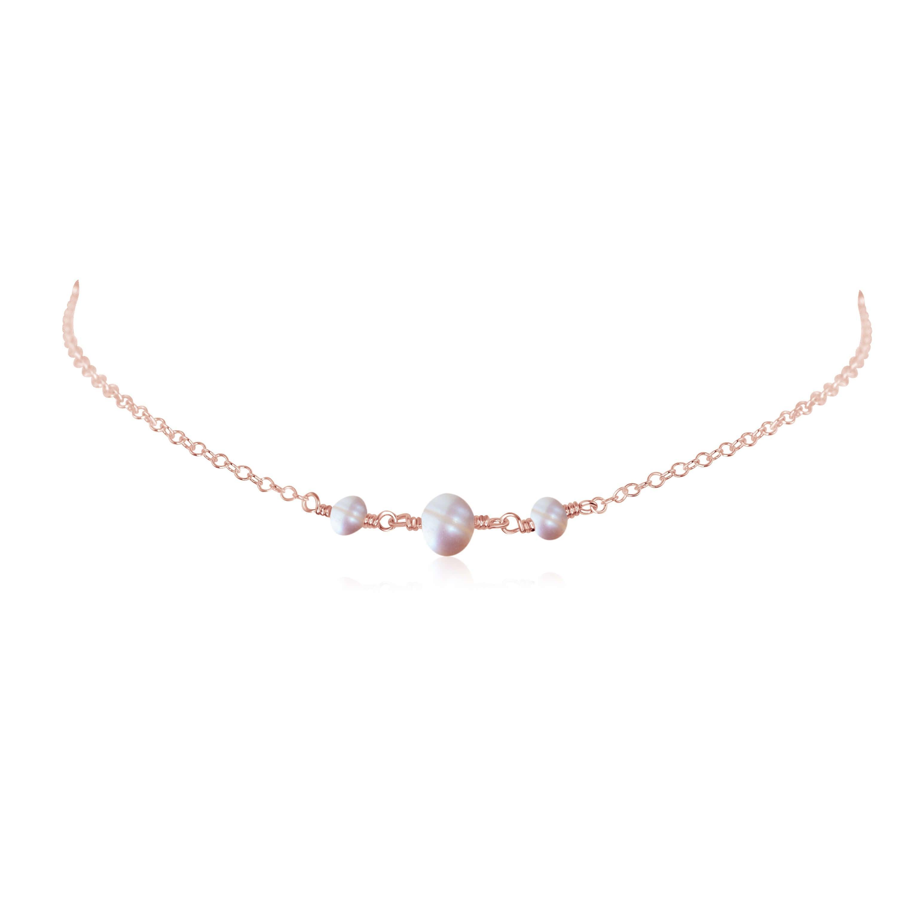 White Freshwater Pearl Beaded Chain Choker Necklace - White Freshwater Pearl Beaded Chain Choker Necklace - 14k Rose Gold Fill - Luna Tide Handmade Crystal Jewellery