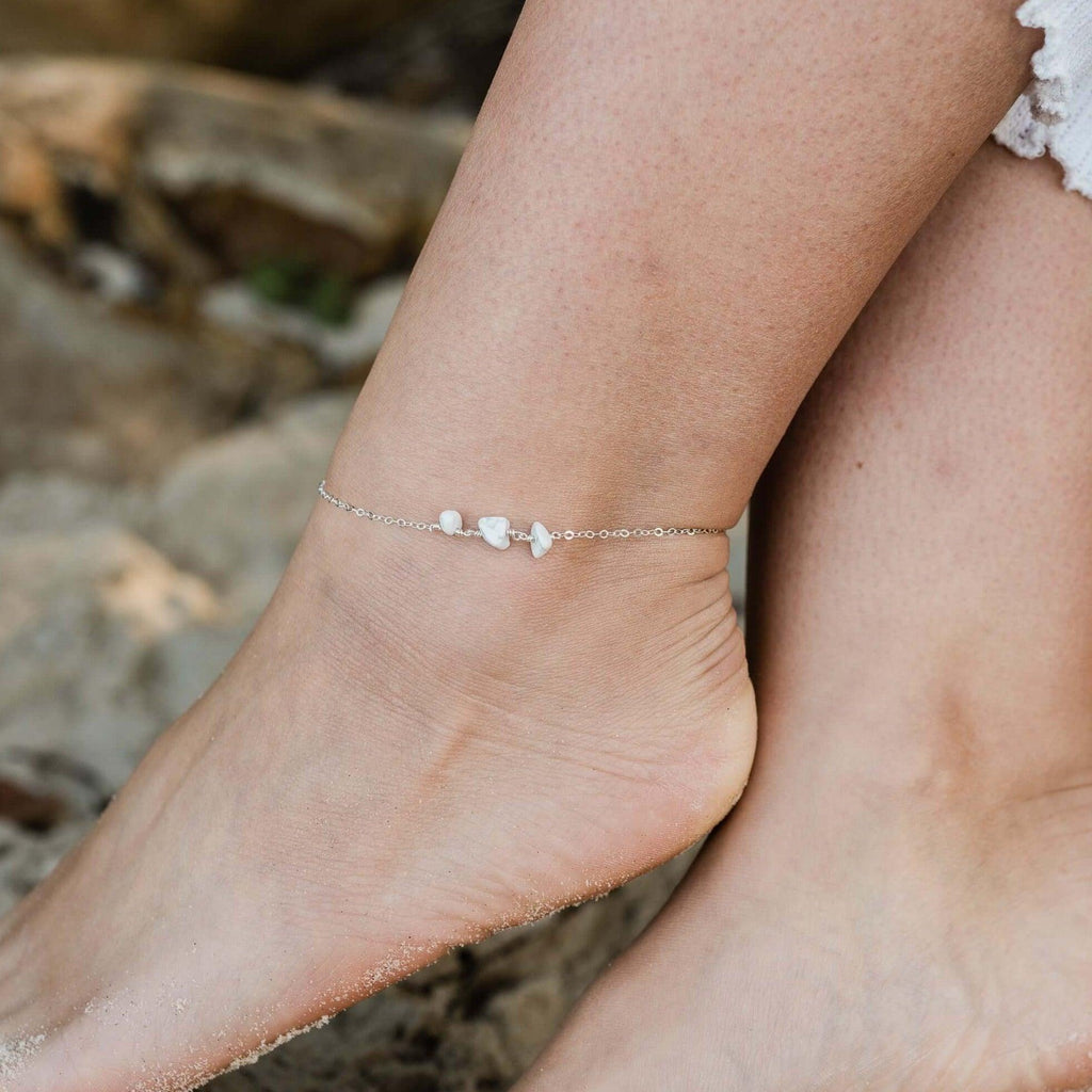 White Howlite Beaded Chain Anklet - White Howlite Beaded Chain Anklet - Sterling Silver - Luna Tide Handmade Crystal Jewellery