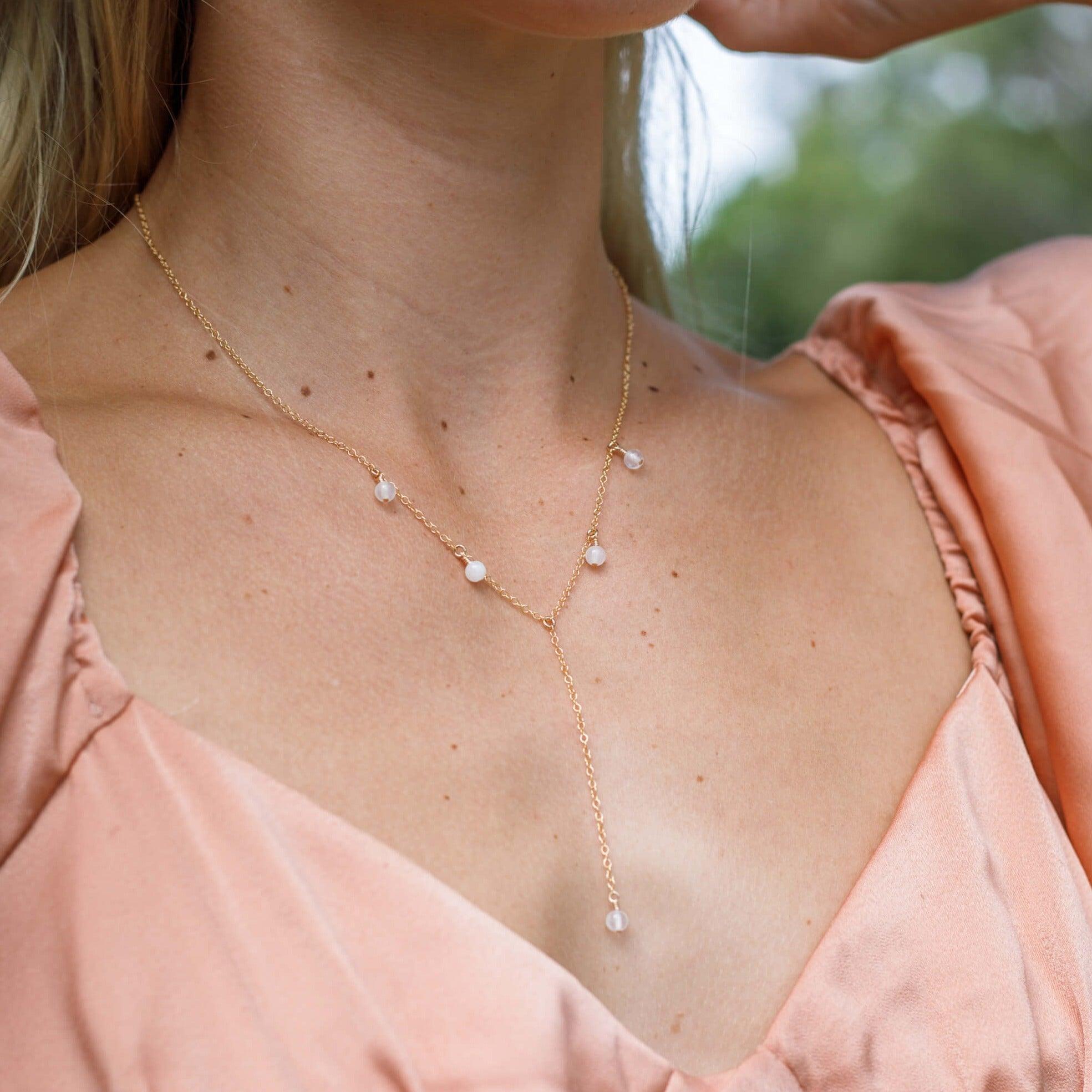 White Selenite Crystal Boho Lariat Necklace - White Selenite Crystal Boho Lariat Necklace - Sterling Silver - Luna Tide Handmade Crystal Jewellery